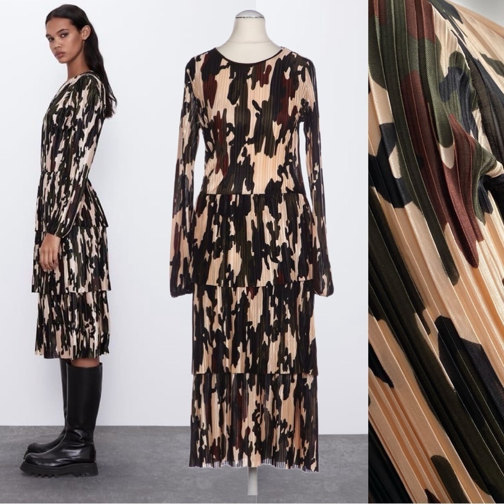 ZARA Tiered Camouflage Midi Pleated Dress Long Sleeves Brown Beige Black Army S